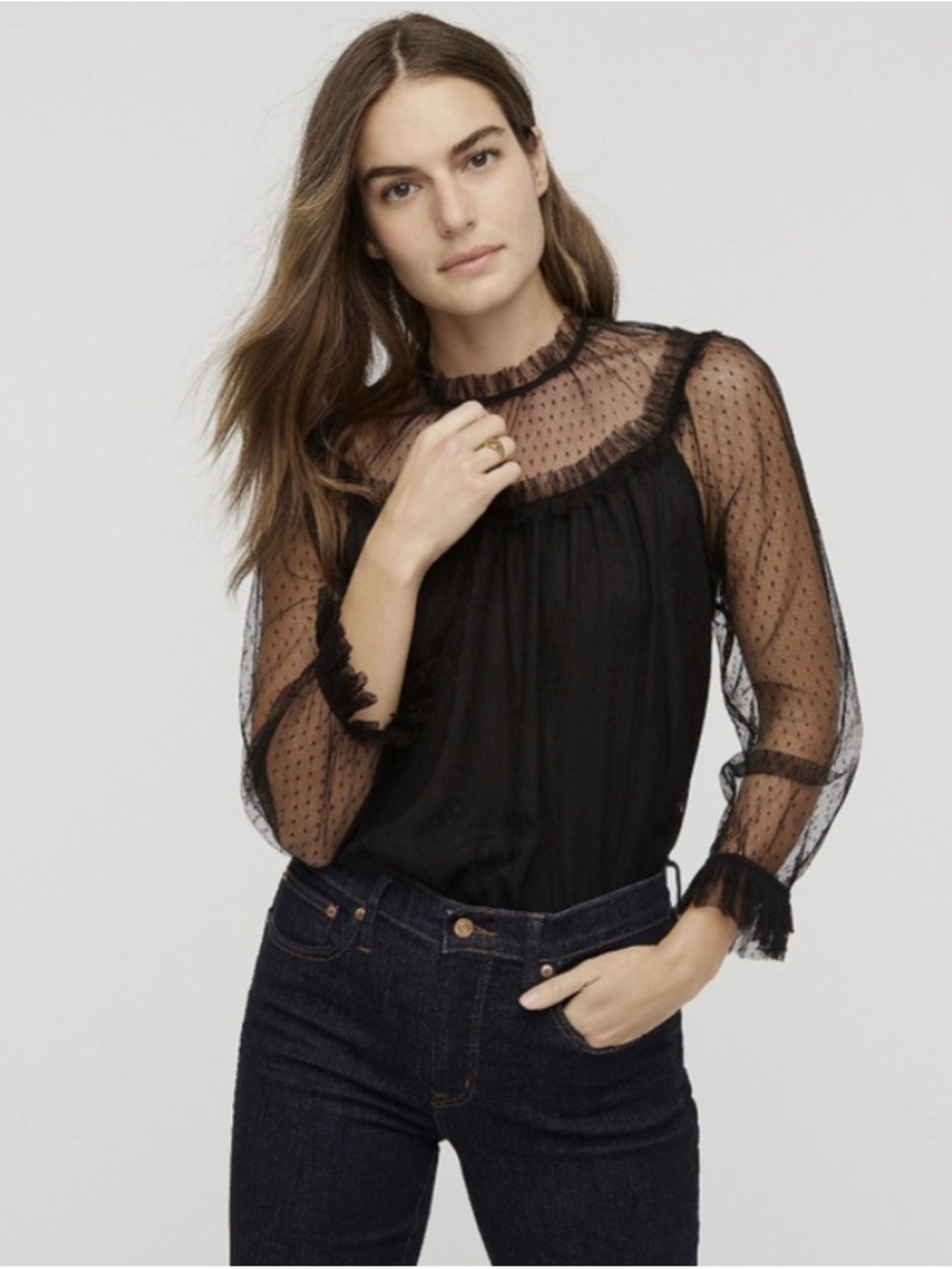 J.Crew Ruffle-Trim Top in Dot BlackTulle | Size Small | NWOT
